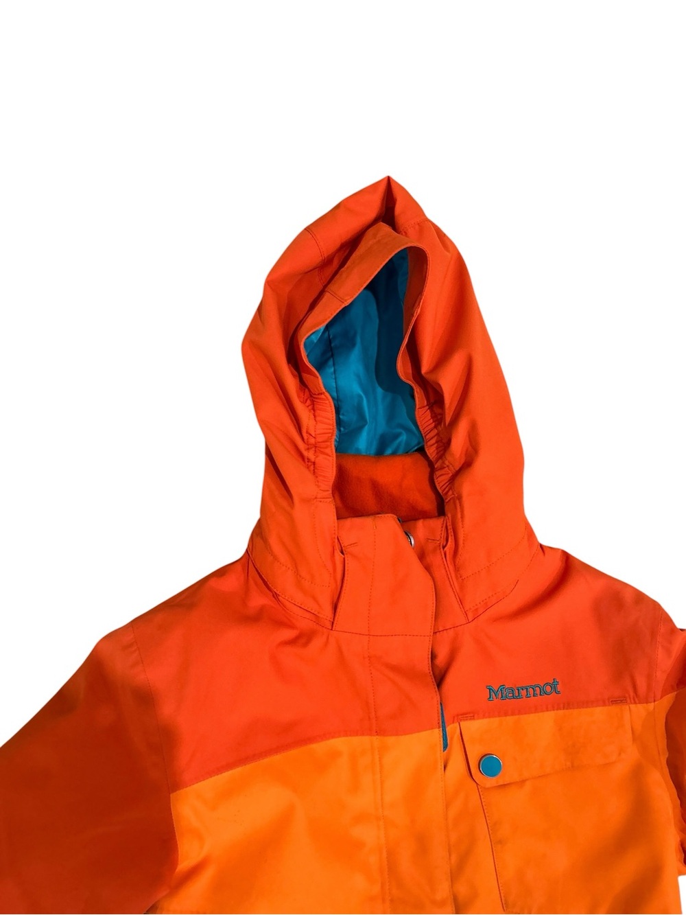 Marmot Orange & Teal Colorblock Hooded zip up ski Jacket kids medium - Picture 5 of 14